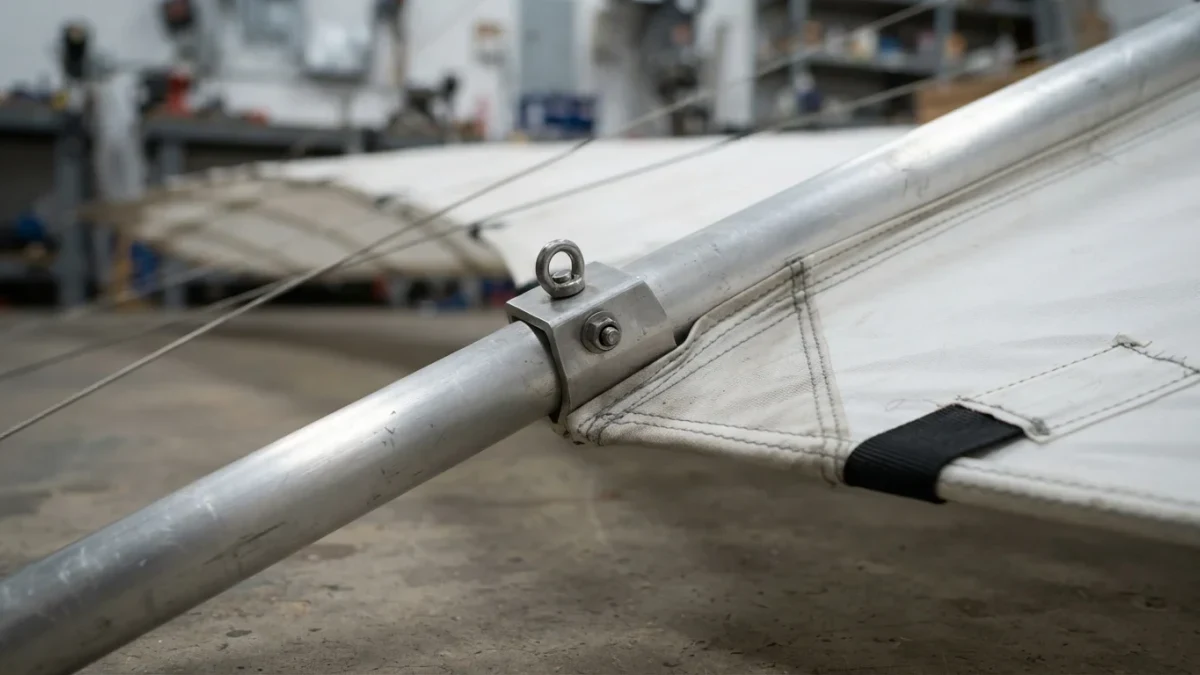 Close-up of a hang glider airframe and taut wing in a quiet workshop