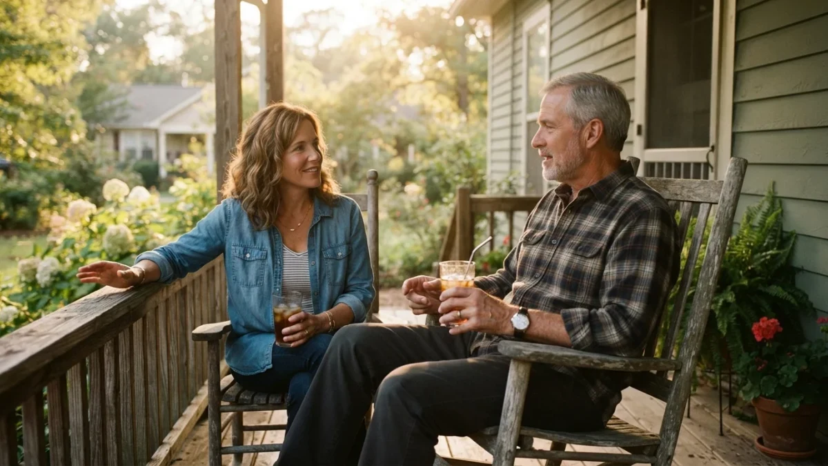 Grandfather and adult daughter discuss finances on a porch