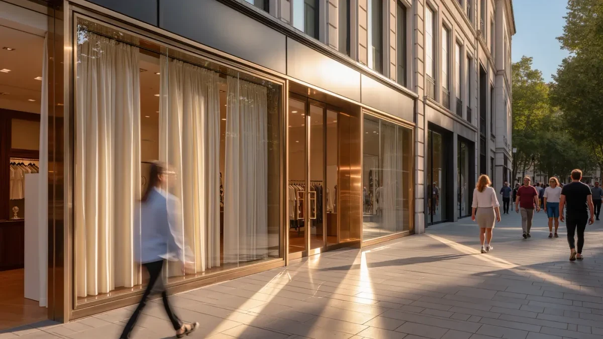 Sunlit luxury storefront with mannequins and passersby on a summer avenue