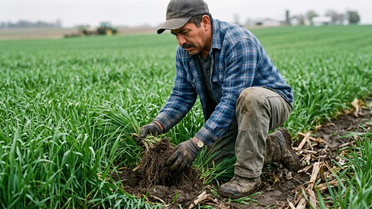 Farmer kneeling to examine cover crop root growth