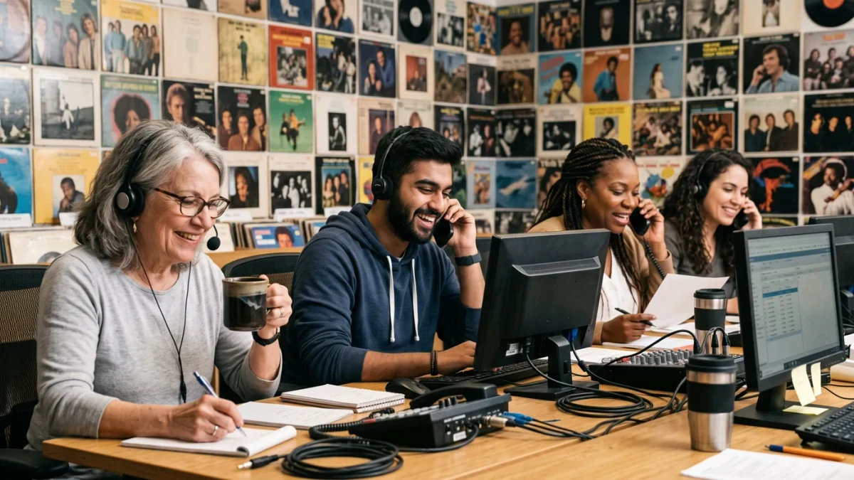 Donation phone bank volunteers at a public radio station