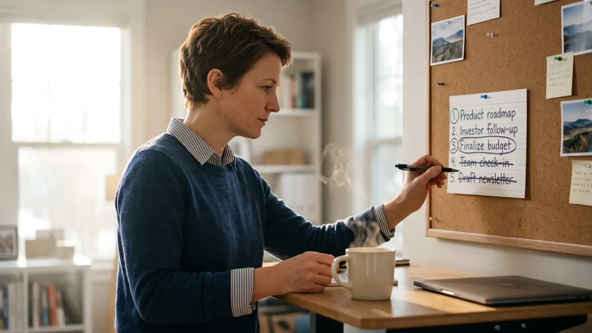 Founder crossing items off a short priority list at a standing desk