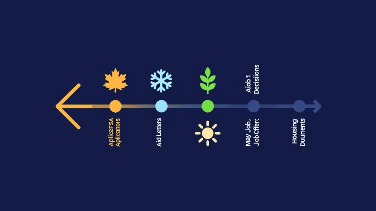 Timeline graphic of a senior year from fall applications to summer