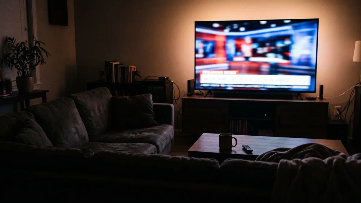 Living room glowing television late at night with an empty couch