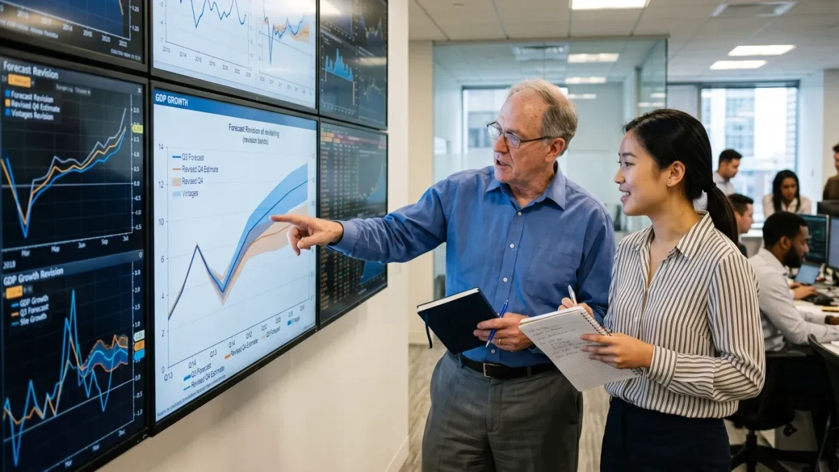 Economists reviewing GDP component charts on screens in an office
