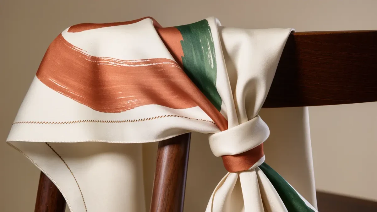 Ivory silk scarf with rust and green print draped over a dark wooden chair, hand-rolled hem in sharp focus