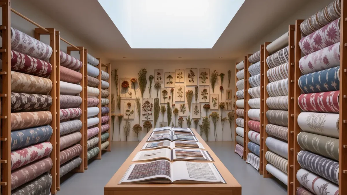 Print archive room with fabric rolls and pinned botanical references