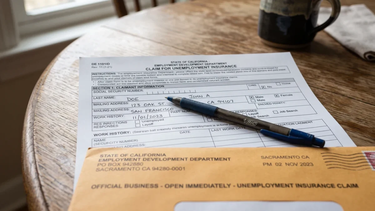 State unemployment insurance claim form with pen on a kitchen table