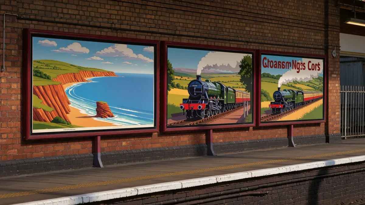 Framed vintage railway travel posters hanging along a heritage station wall