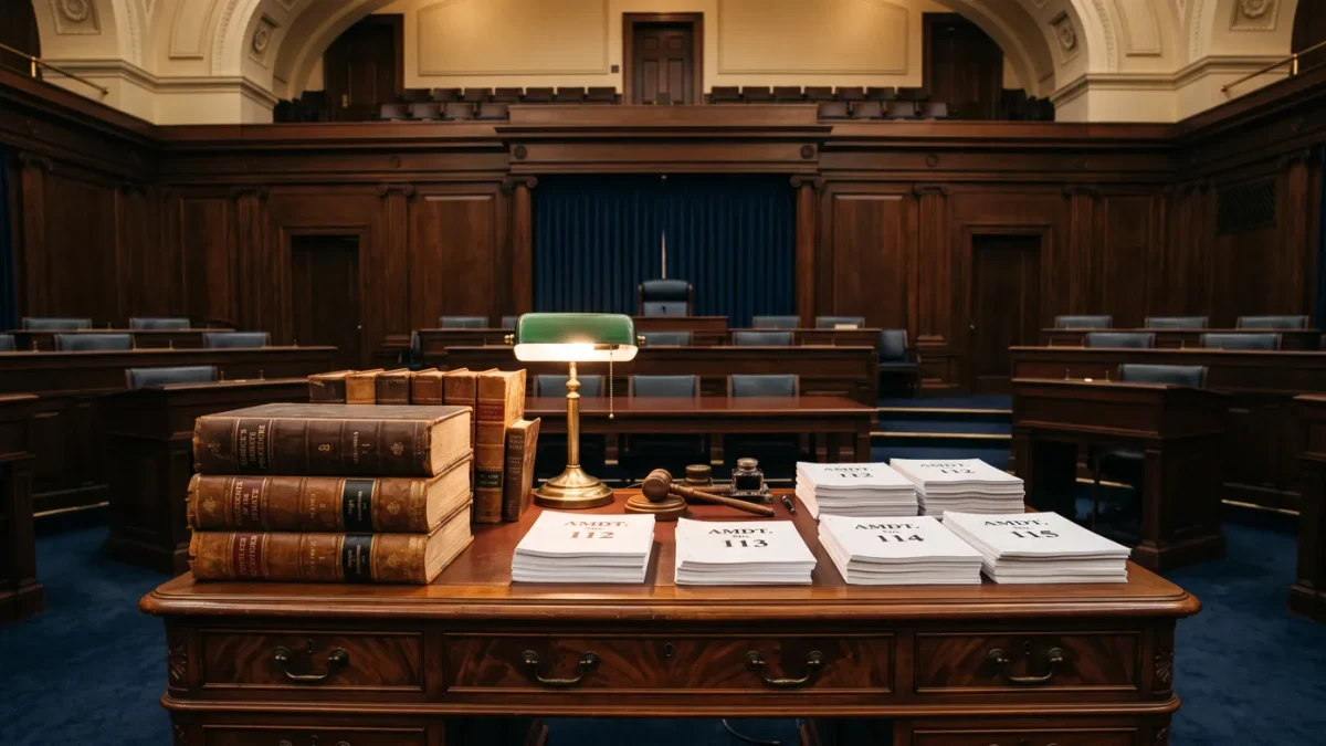 Rules desk and precedent volumes beside the Senate chamber dais