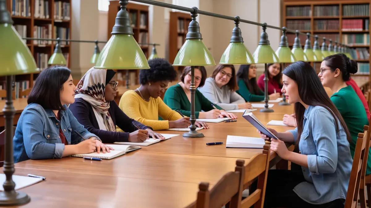 Women's writing group with fountain pens in a college library
