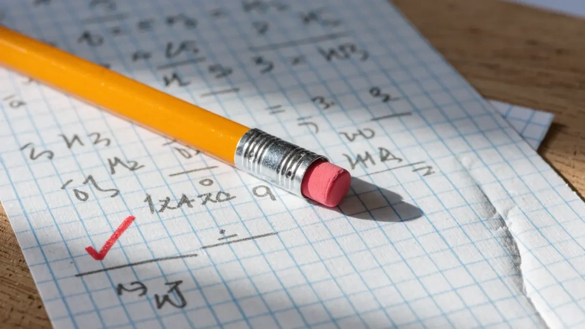 Pencil and eraser on graph paper beside worked math problems
