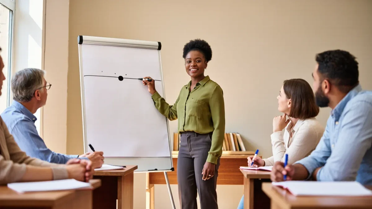 An instructor drawing error bars on a whiteboard before adult students