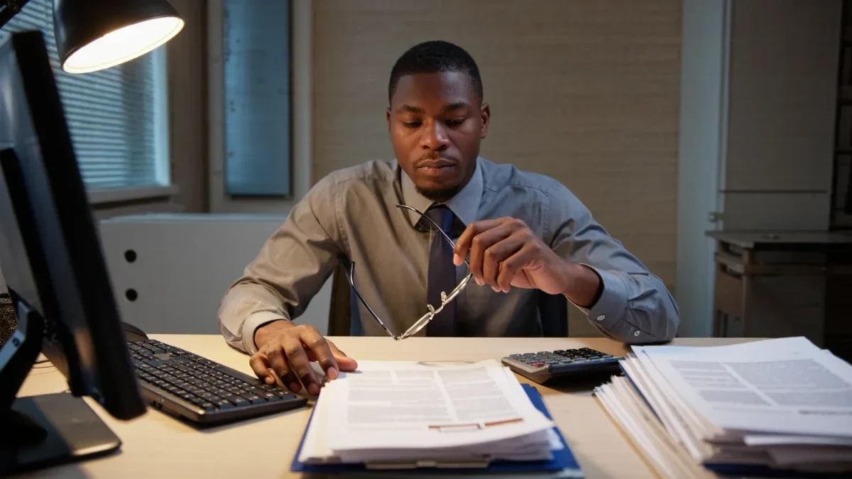 Accountant reviewing nonprofit audit filings by lamplight
