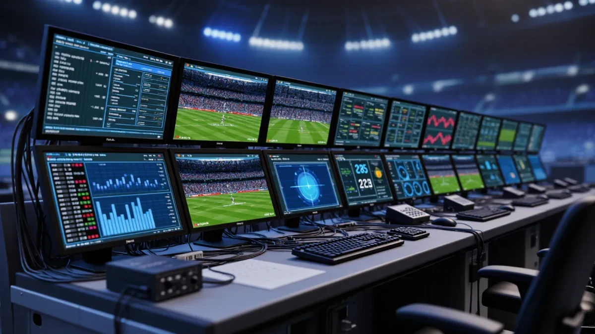Empty broadcast data room with match feeds glowing on stacked monitors