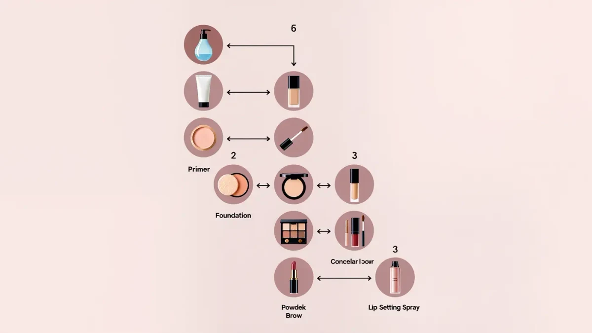 Infographic flowchart of the ten-step makeup application order from skincare to setting