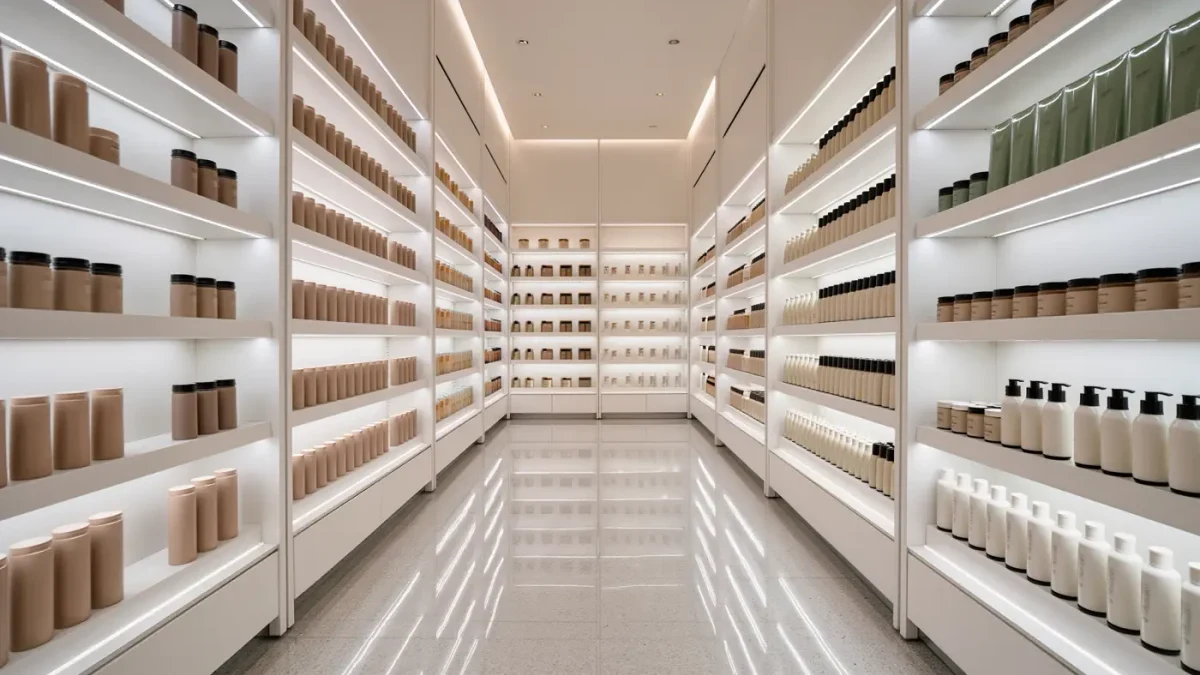 Photojournalistic scene of a quiet beauty flagship aisle without people