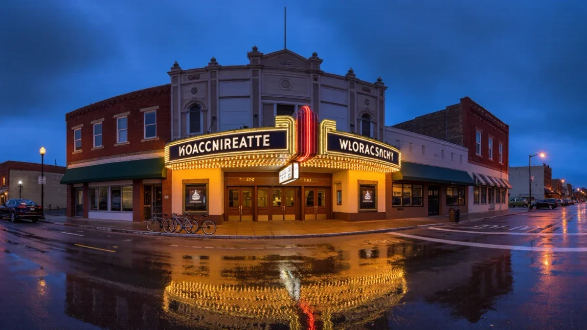 Historic single-screen movie theater facade on an evening street