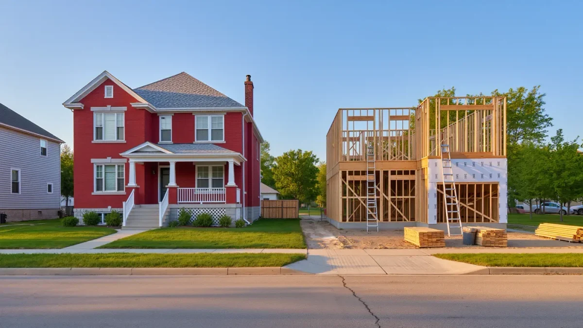 Modest duplex street next to newly built homes under construction