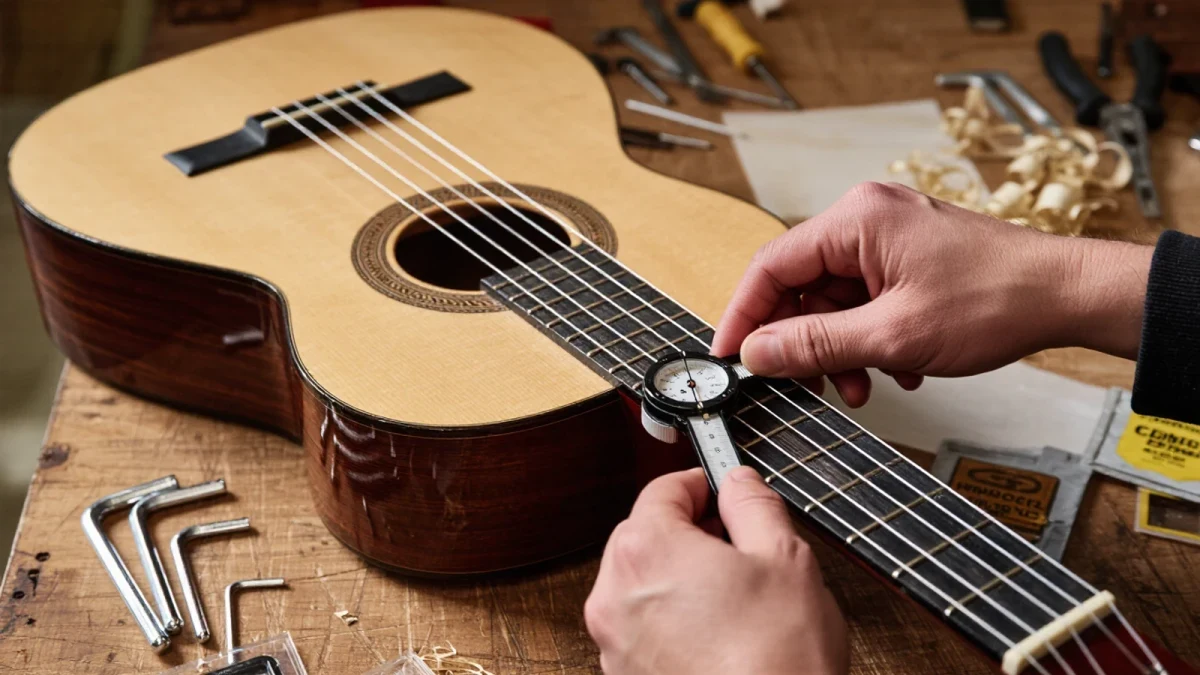 Technician measuring string height on a classical guitar with a ruler