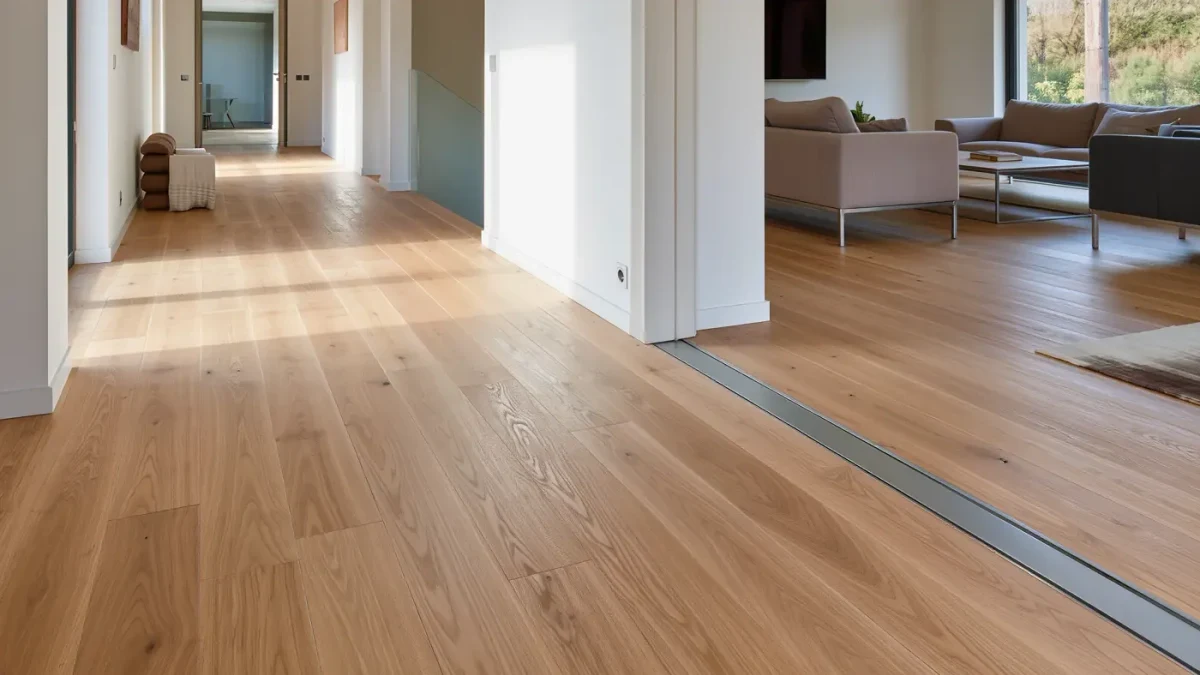 Wide-plank flooring running through an open hallway