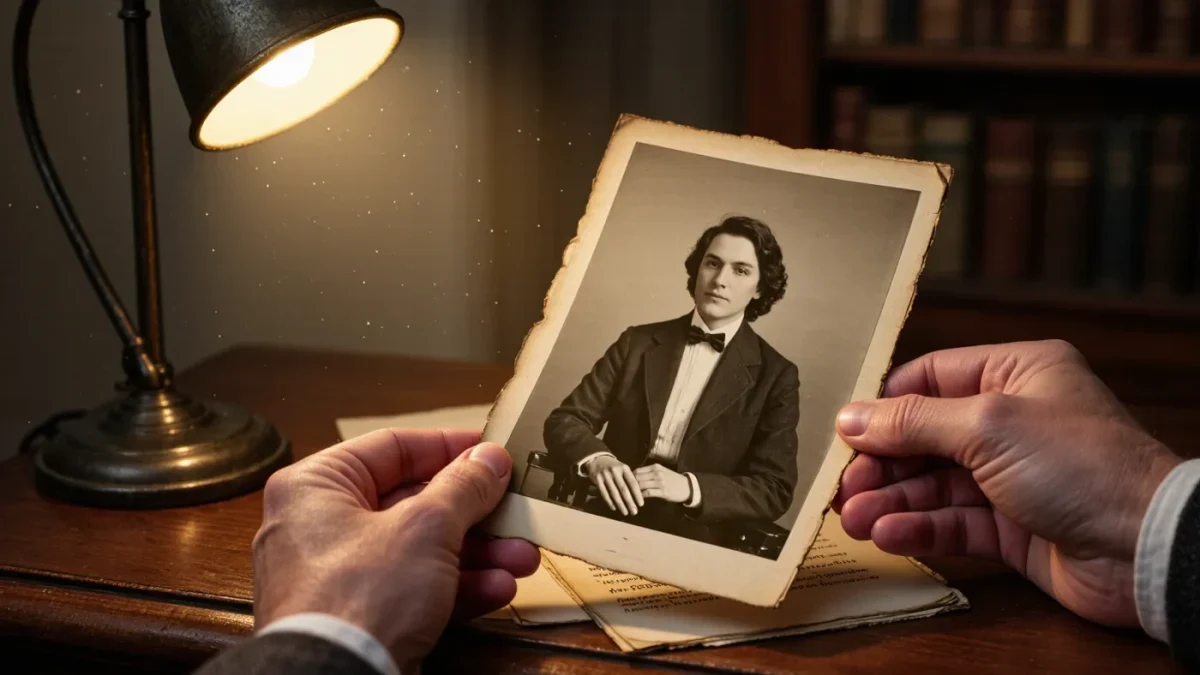 Archivist photographing a fading document under lamp light