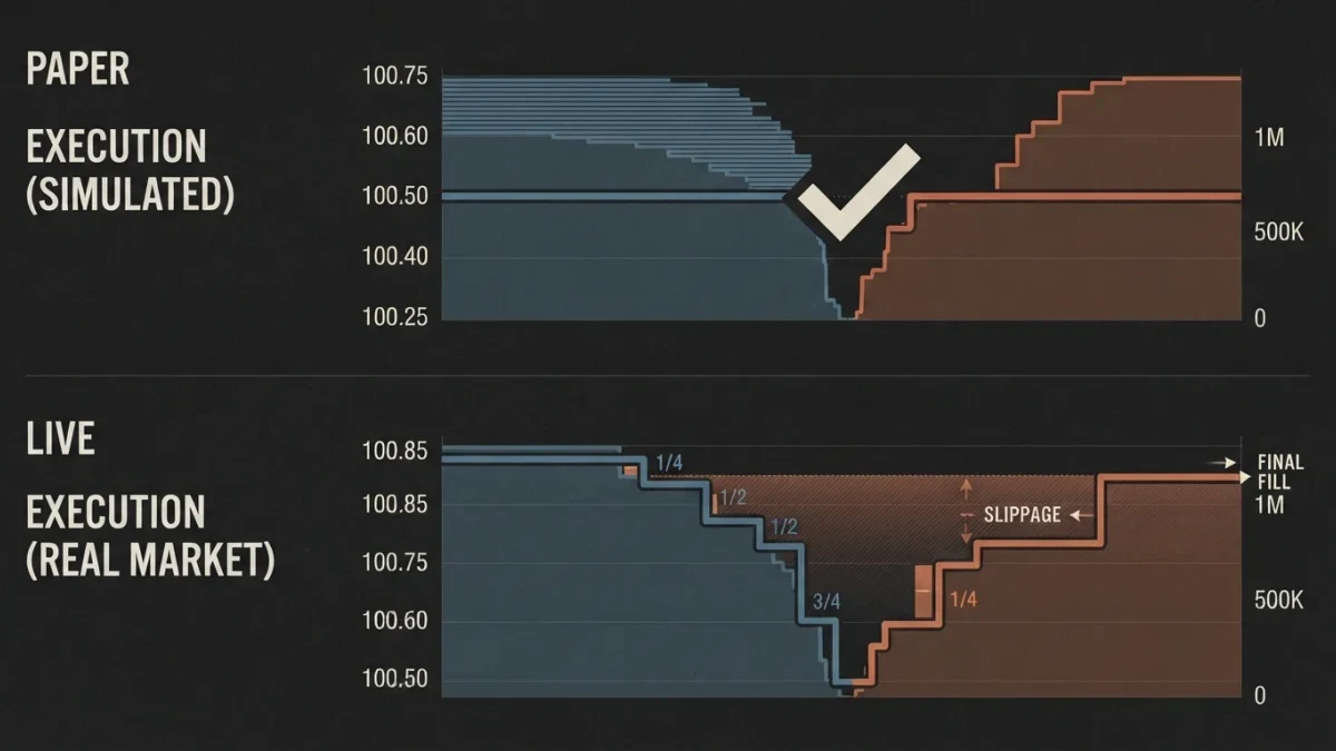 Infographic contrasting simulated fills against real order-book impact