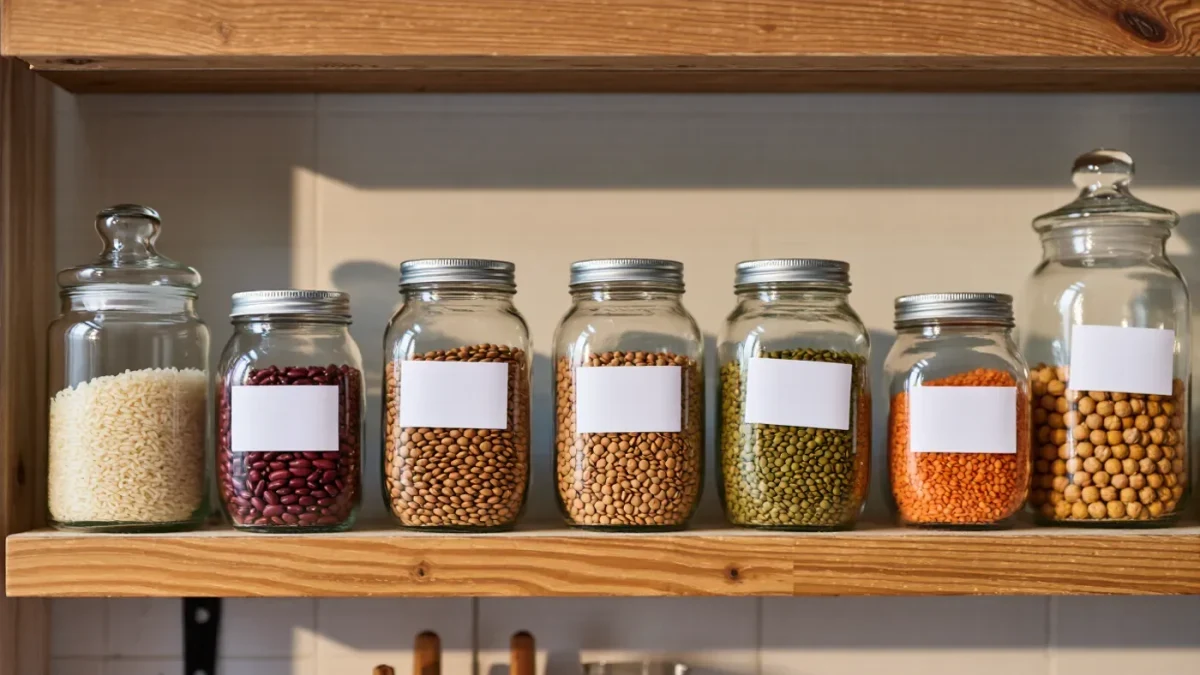 Photojournalistic scene of labeled glass preserve jars on a kitchen shelf