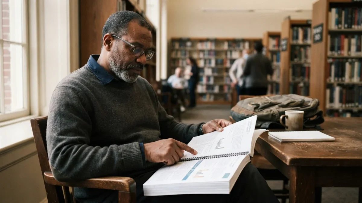 An investor reads a printed annual report in a library