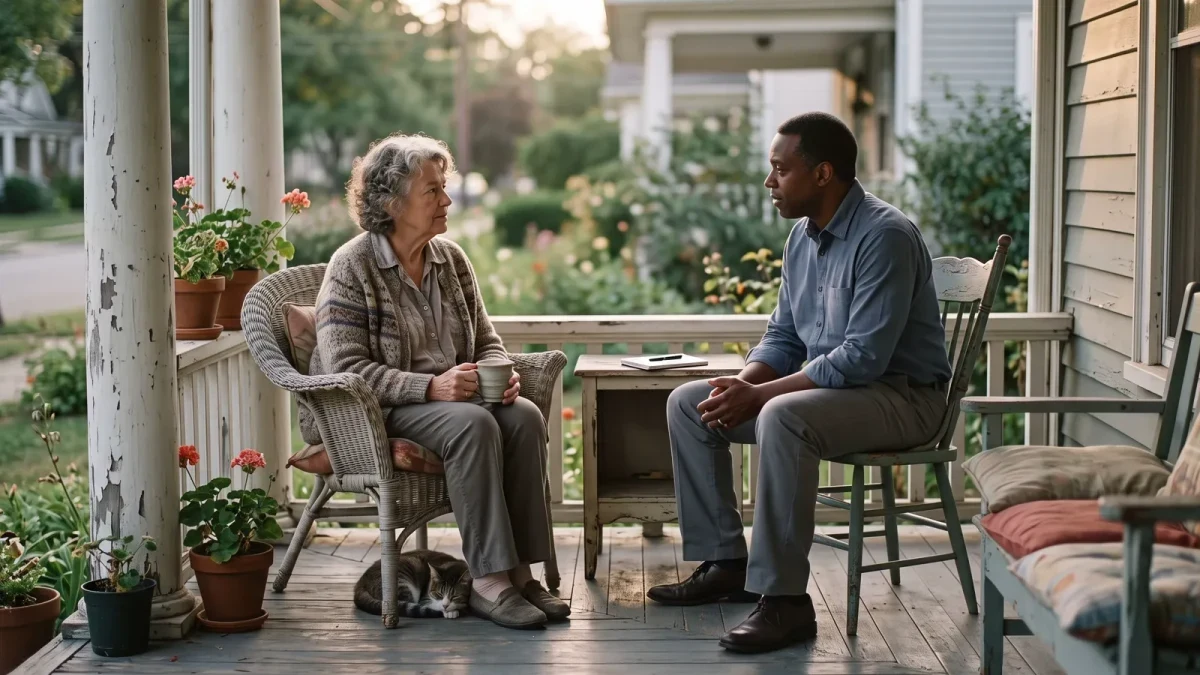 Two people talking on a porch, one holding a mug, calm afternoon light