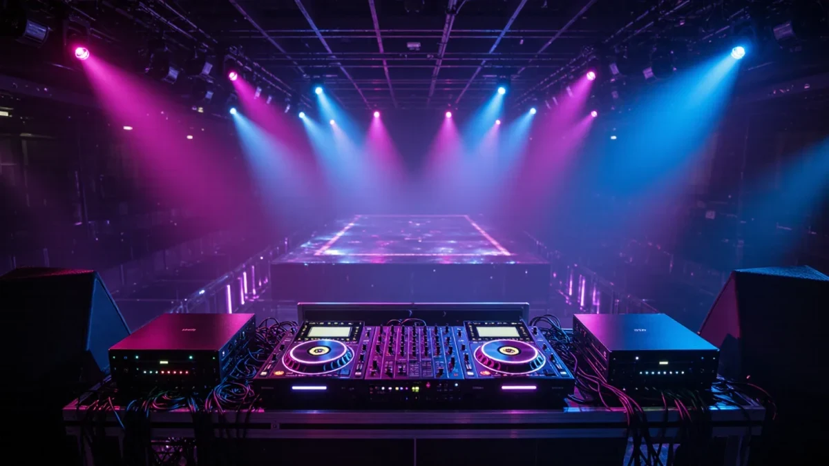 Empty club DJ booth lit before the night begins