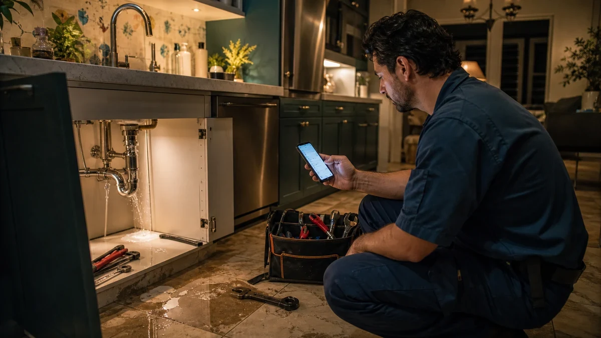 A plumber checks a smartphone beside an open sink cabinet during a late-night kitchen repair.
