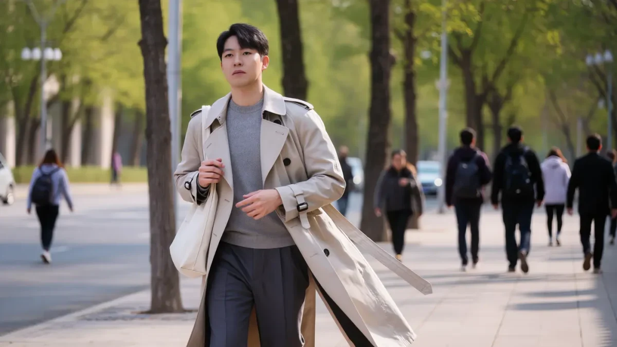 Commuter removing a light trench coat on a mild spring city morning