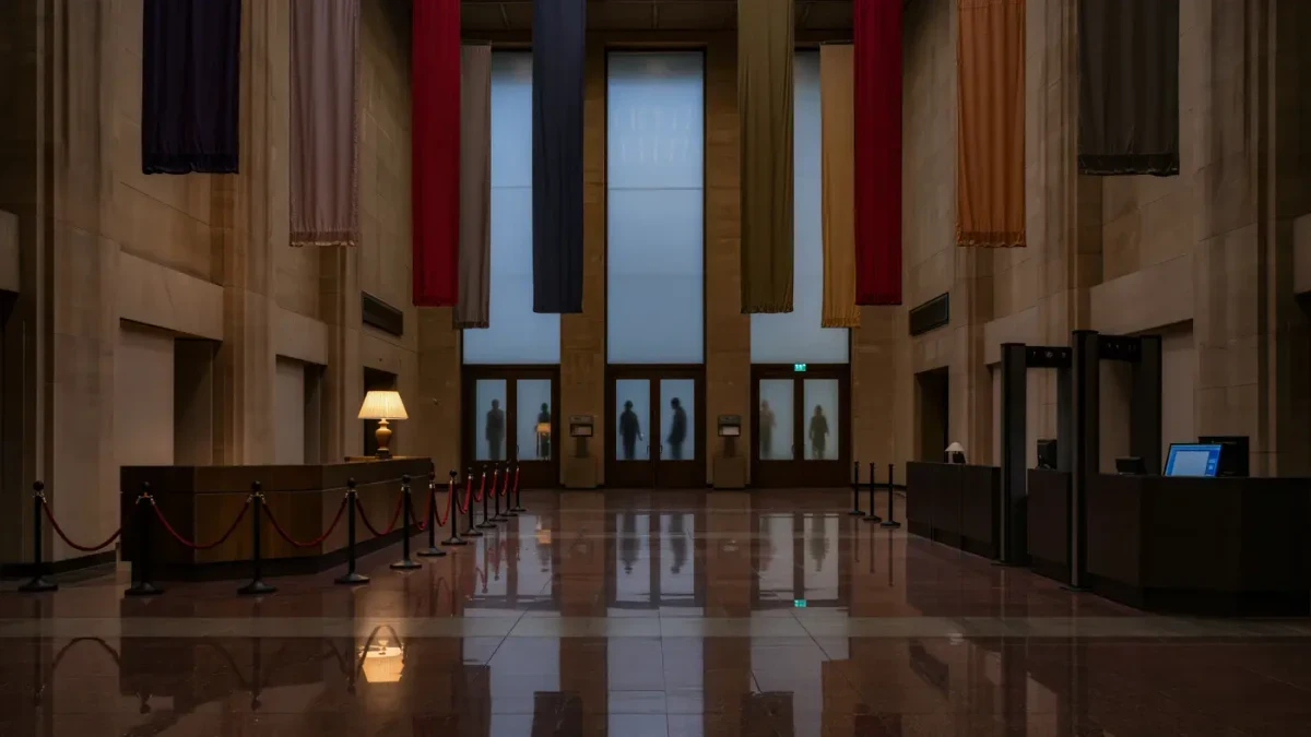 Empty museum lobby at dusk with admission desk lights on
