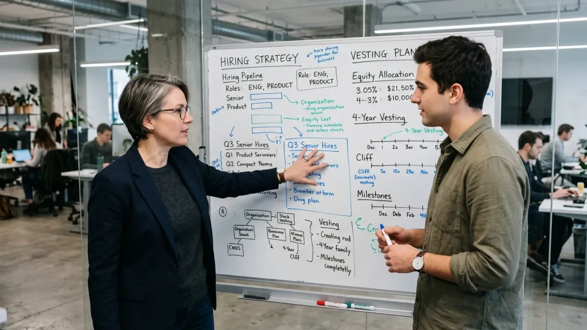 Founder reviewing cap table and vesting documents at a whiteboard