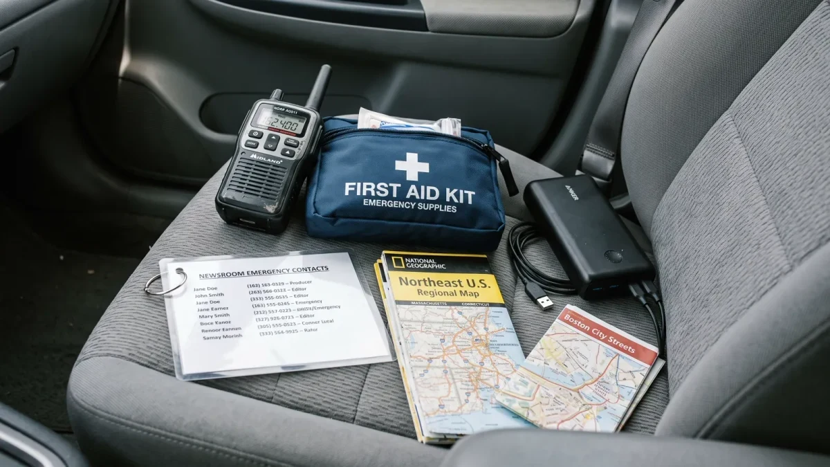Emergency go-kit with radio, battery packs, and laminated contact sheet on a car seat