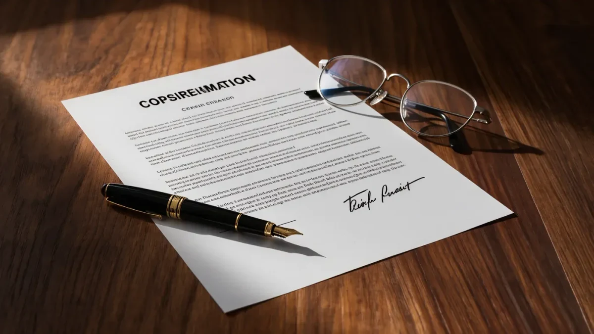 Unsigned representation contract with a fountain pen on a walnut desk