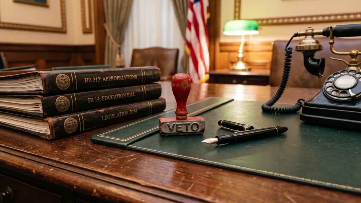 Governor's desk with bill folders and veto stamp beside phone
