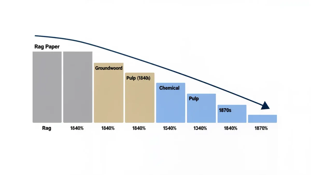 Infographic of falling paper costs across rag and wood pulp eras