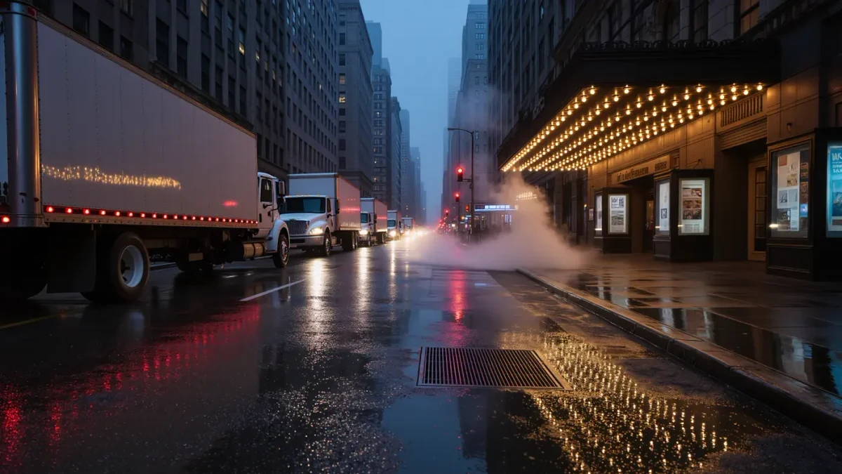 Empty Broadway theatre district street at dusk with marquees