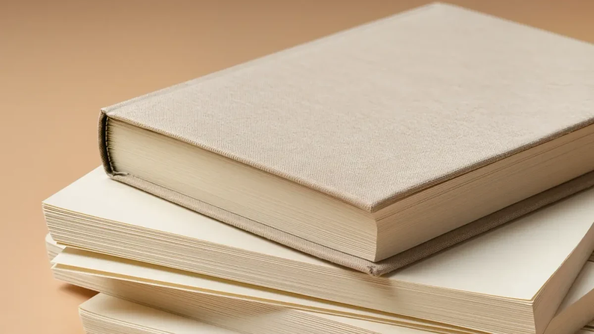 Studio close-up of a cloth-bound hardcover resting on raw linen paper