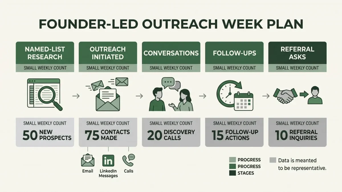 Weekly outreach plan blocks from named list to referral asks