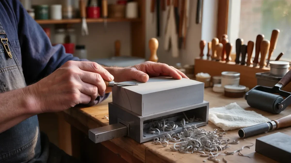 Maker carving a grey lino block at a wooden bench in daylight
