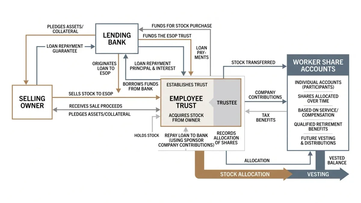 Infographic showing how an ESOP trust buys a company for its workers