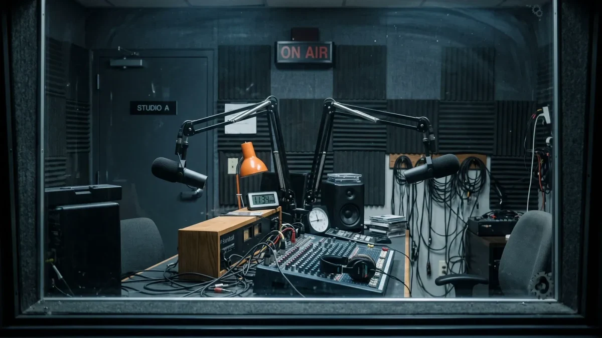 Photojournalistic scene of a broadcast studio control desk with microphones dark