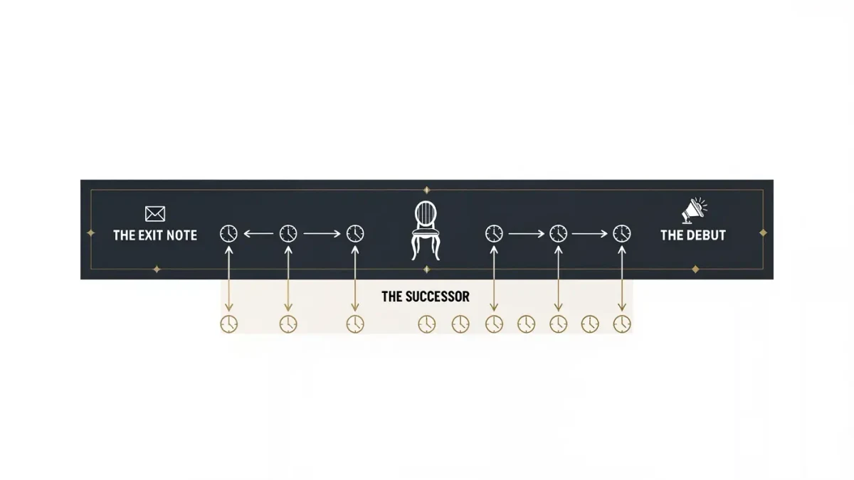 Infographic of a three-part exit statement timeline from farewell to debut