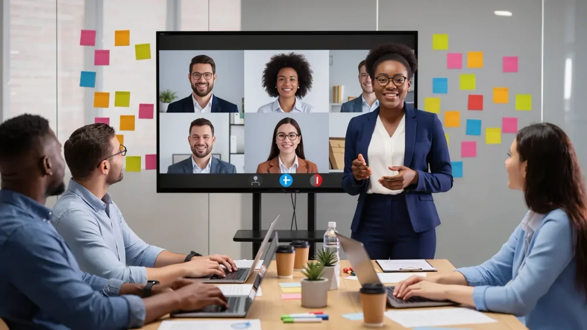 A manager leads a video call with remote and in-office staff