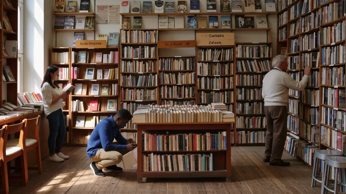 Readers browsing slim poetry paperbacks in a sunlit independent bookstore aisle