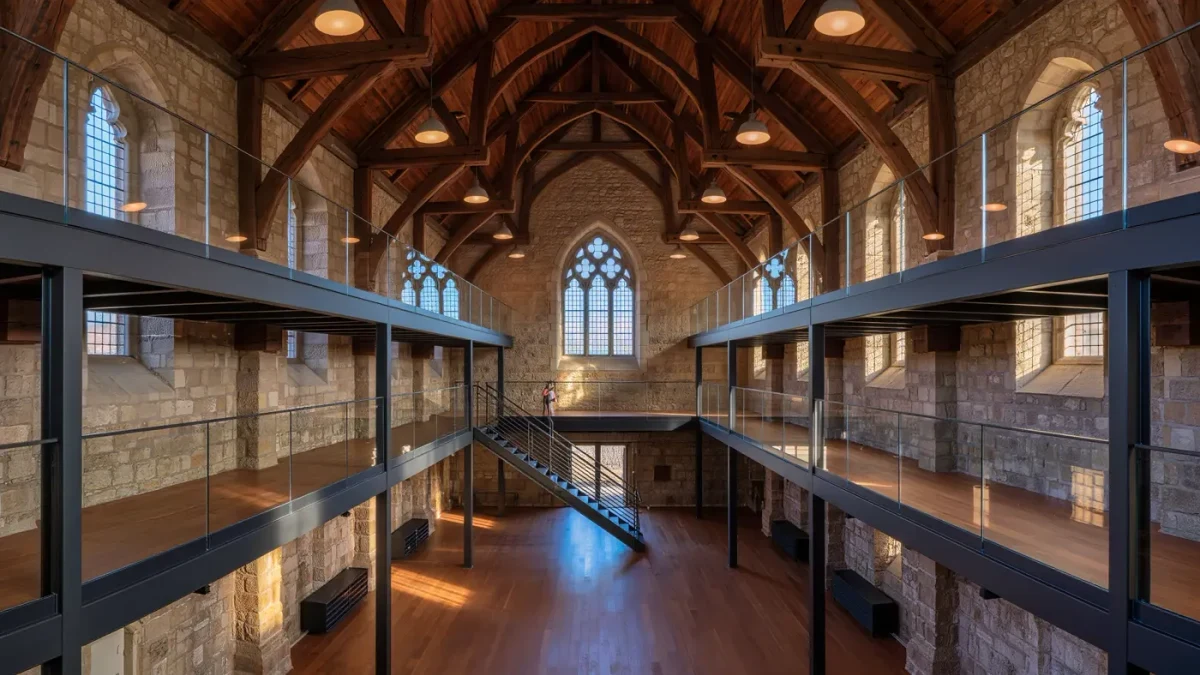 Converted church interior with loft apartments and stained glass