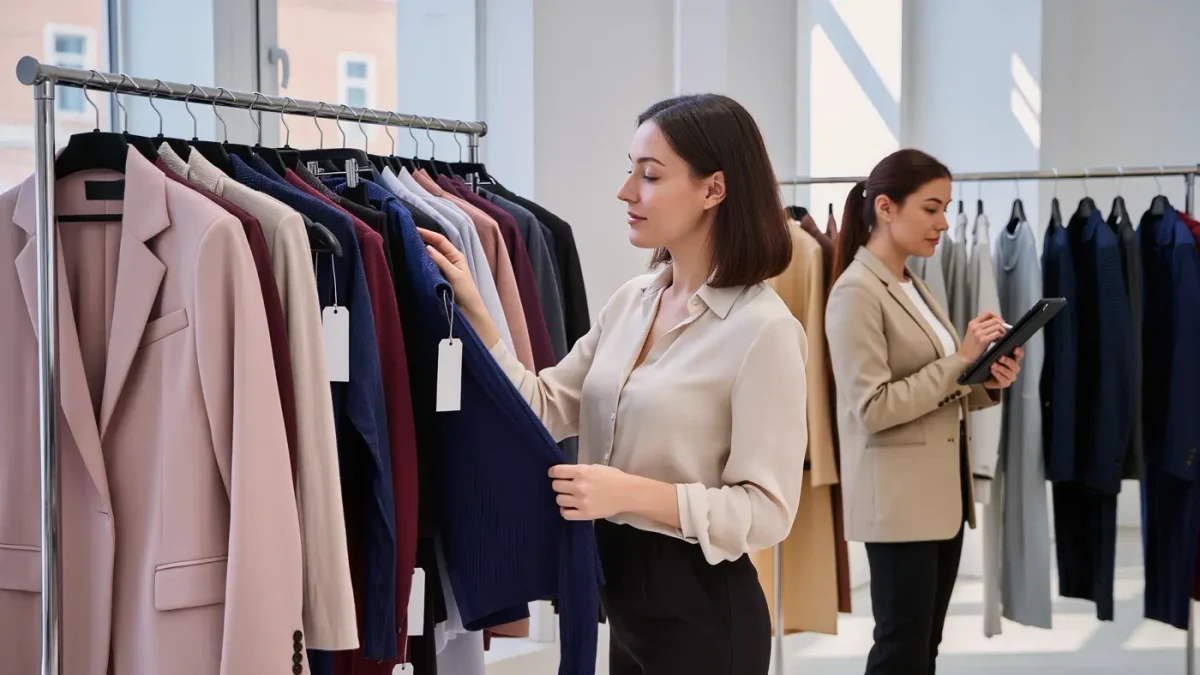 Buyer examining a garment on a rack in a fashion showroom